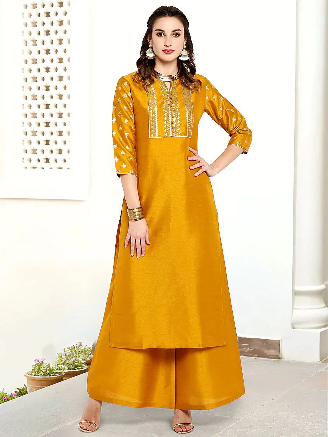 Poly Silk Yellow Foil Print Kurta Palazzo Set