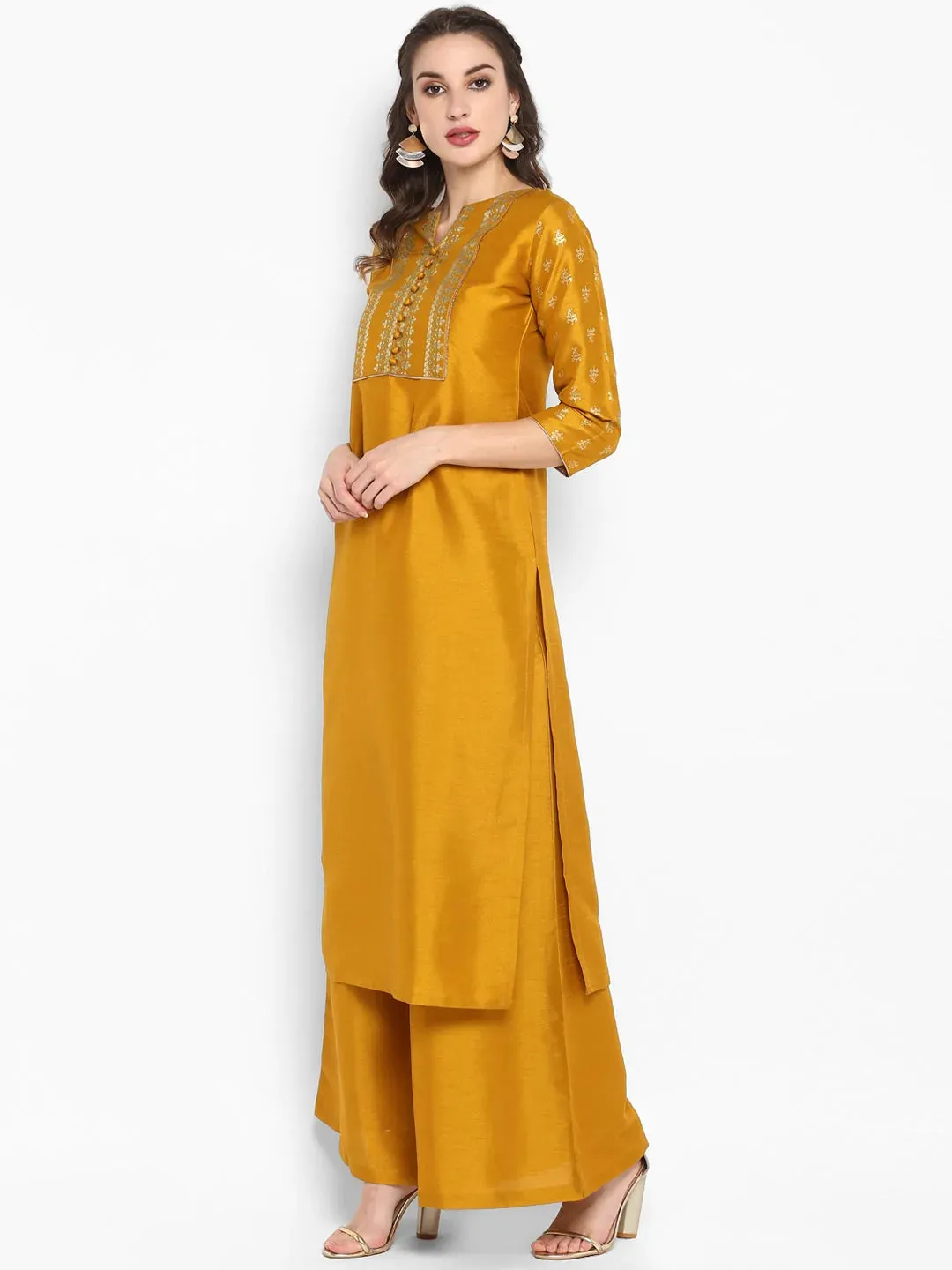 Poly Silk Yellow Foil Print Kurta Palazzo Set