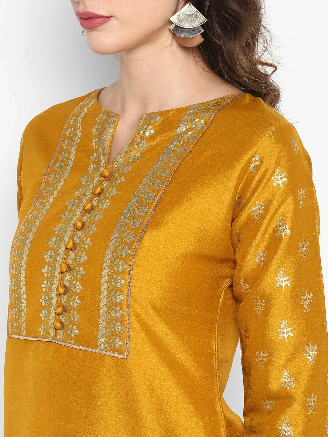 Poly Silk Yellow Foil Print Kurta Palazzo Set