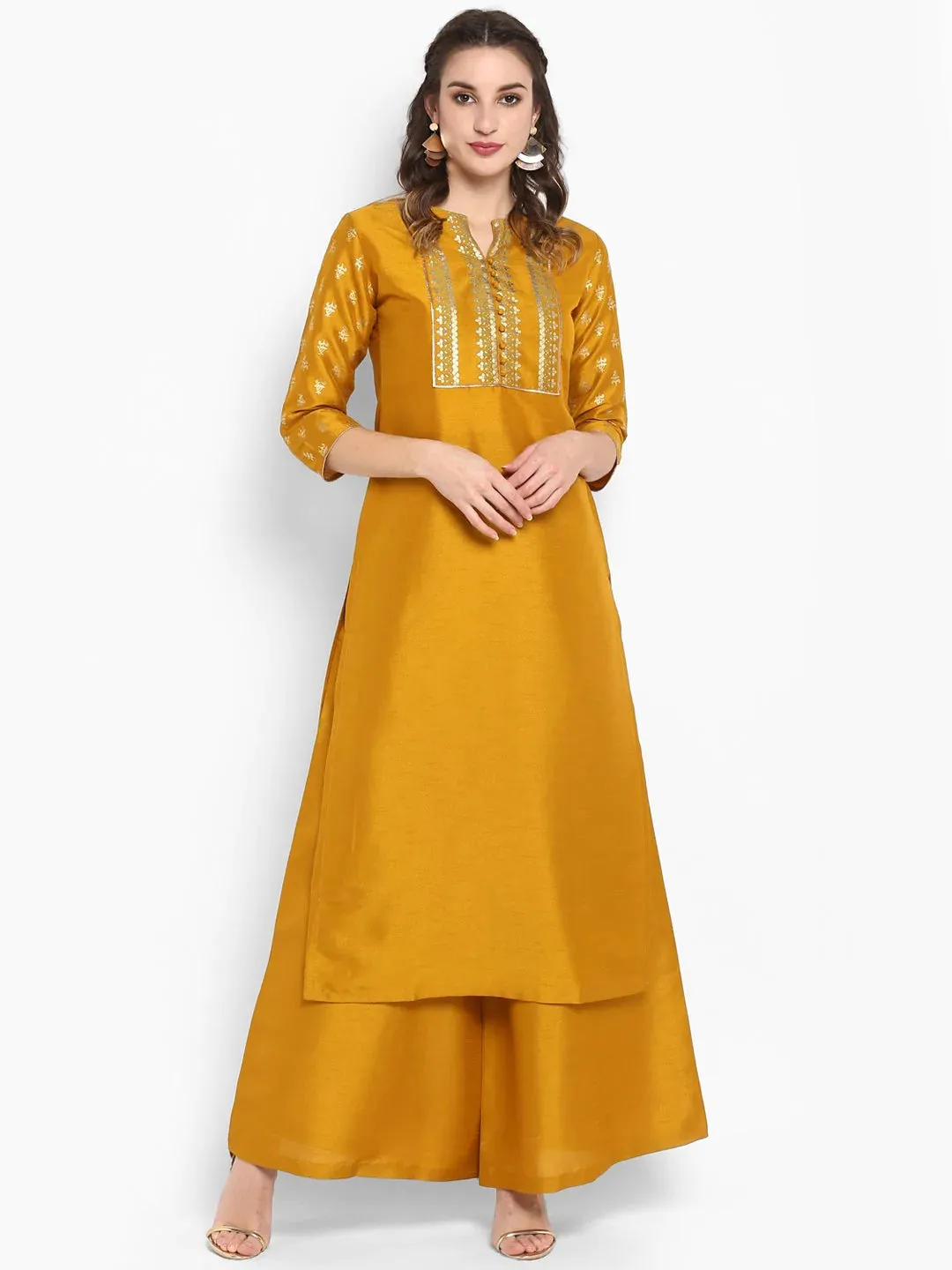 Poly Silk Yellow Foil Print Kurta Palazzo Set