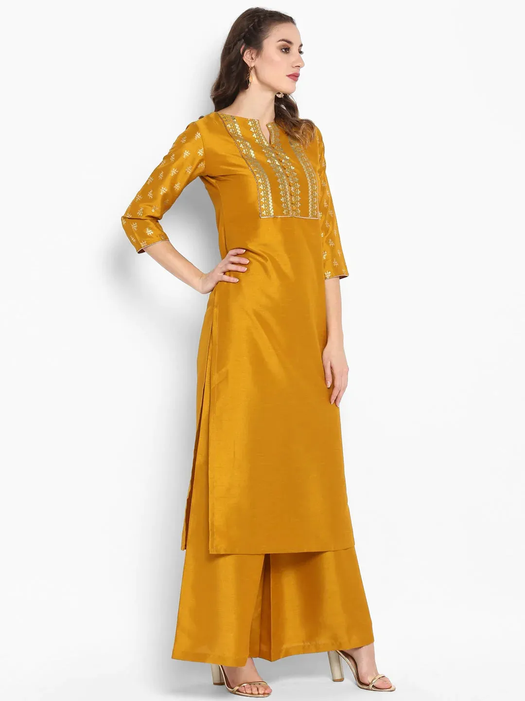 Poly Silk Yellow Foil Print Kurta Palazzo Set