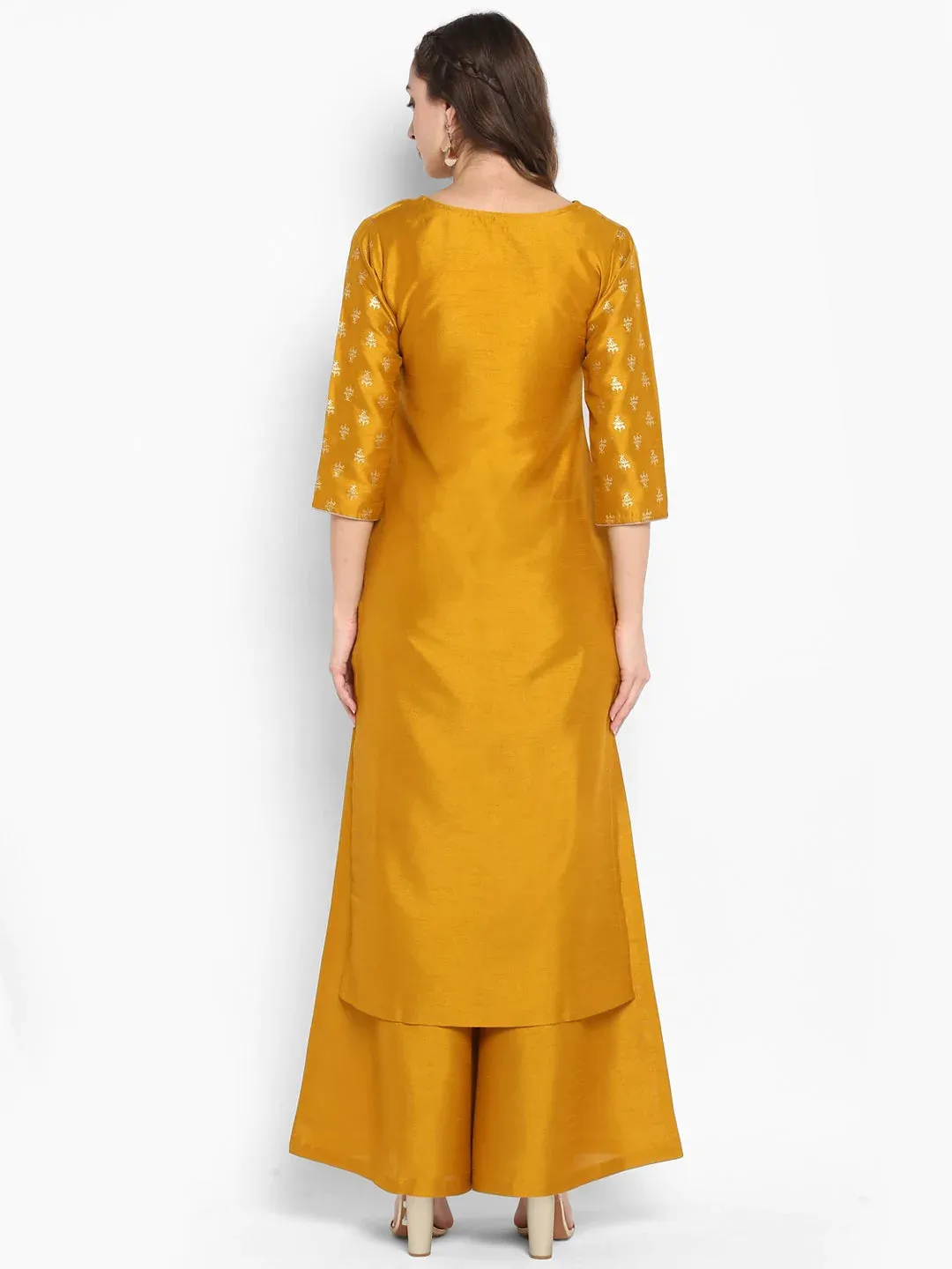 Poly Silk Yellow Foil Print Kurta Palazzo Set