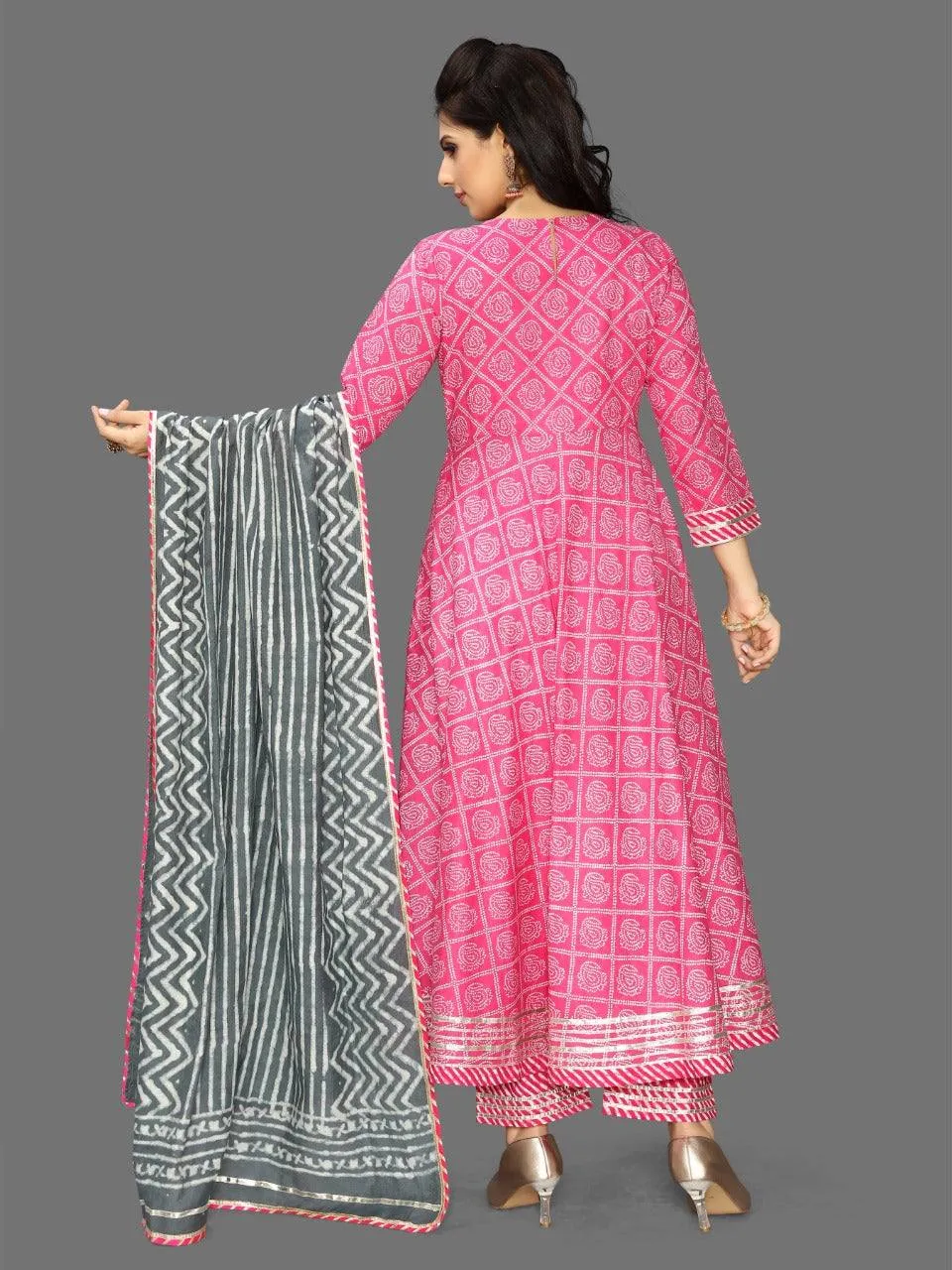 Premium Cotton Bandhani Print Anarkali Set With Gotta Patti Work And Cotton Dupatta