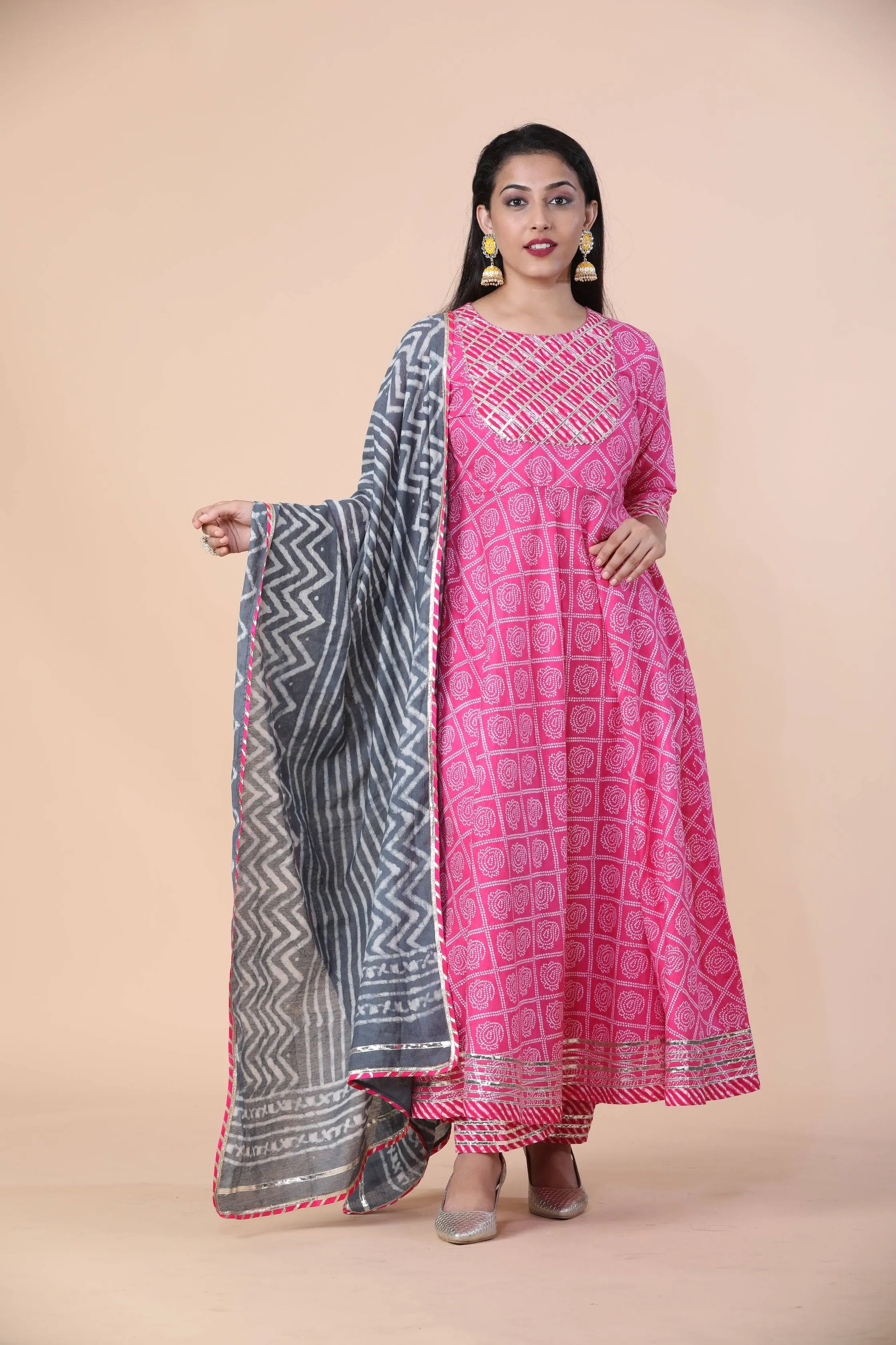 Premium Cotton Bandhani Print Anarkali Set With Gotta Patti Work And Cotton Dupatta