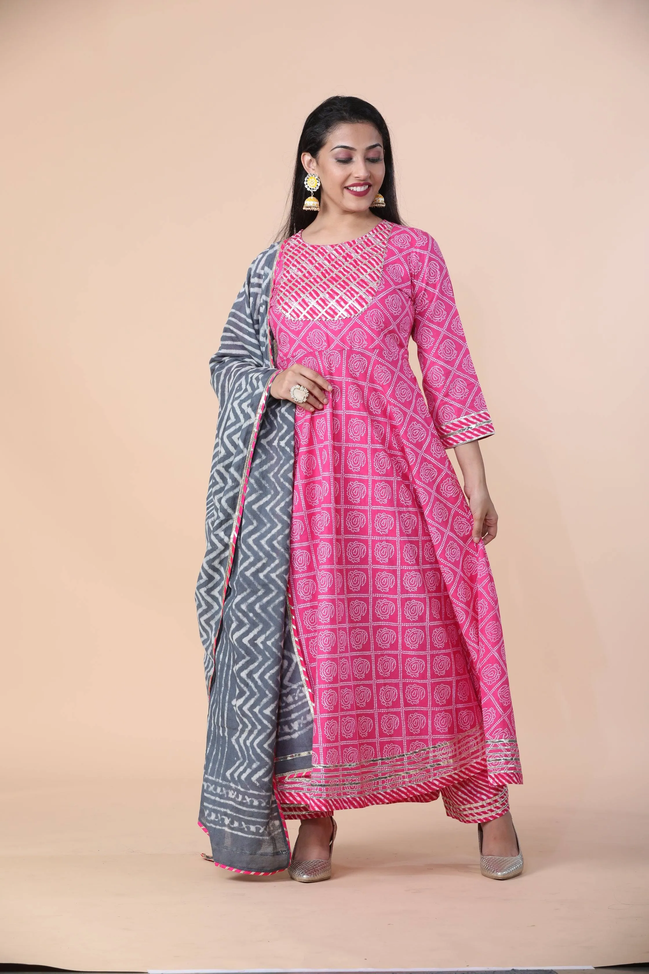 Premium Cotton Bandhani Print Anarkali Set With Gotta Patti Work And Cotton Dupatta