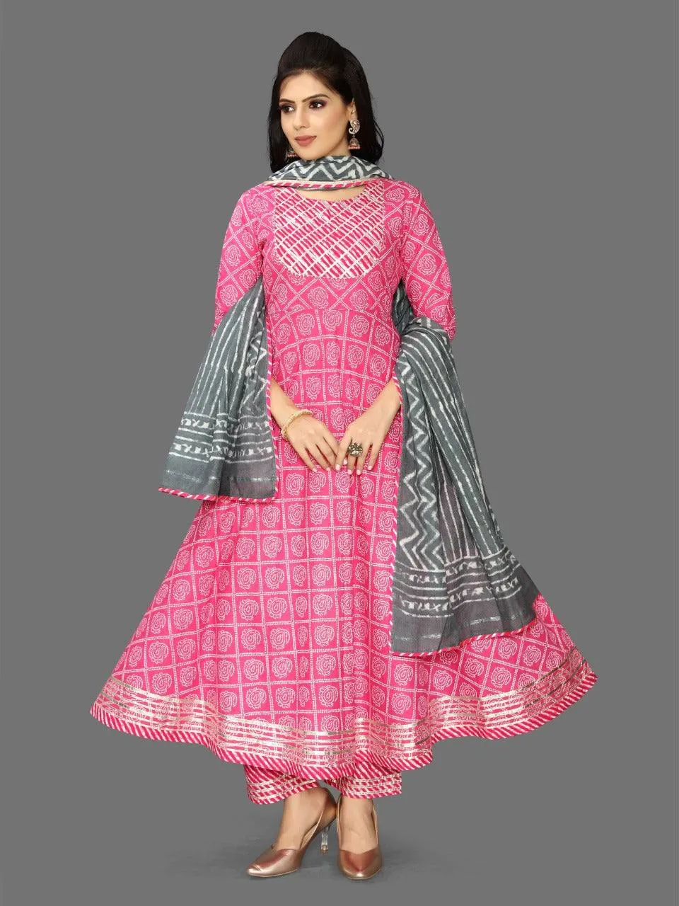 Premium Cotton Bandhani Print Anarkali Set With Gotta Patti Work And Cotton Dupatta