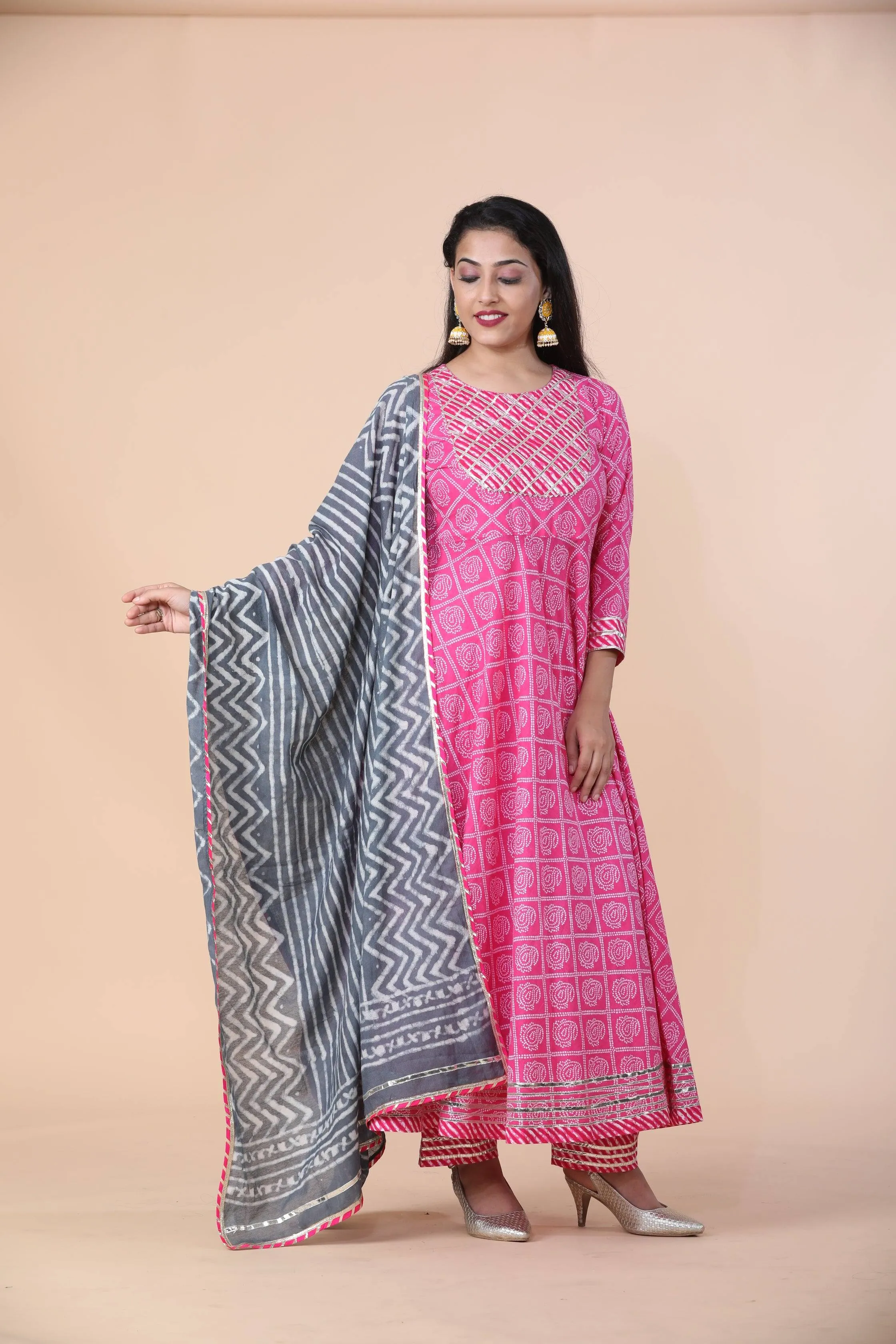 Premium Cotton Bandhani Print Anarkali Set With Gotta Patti Work And Cotton Dupatta