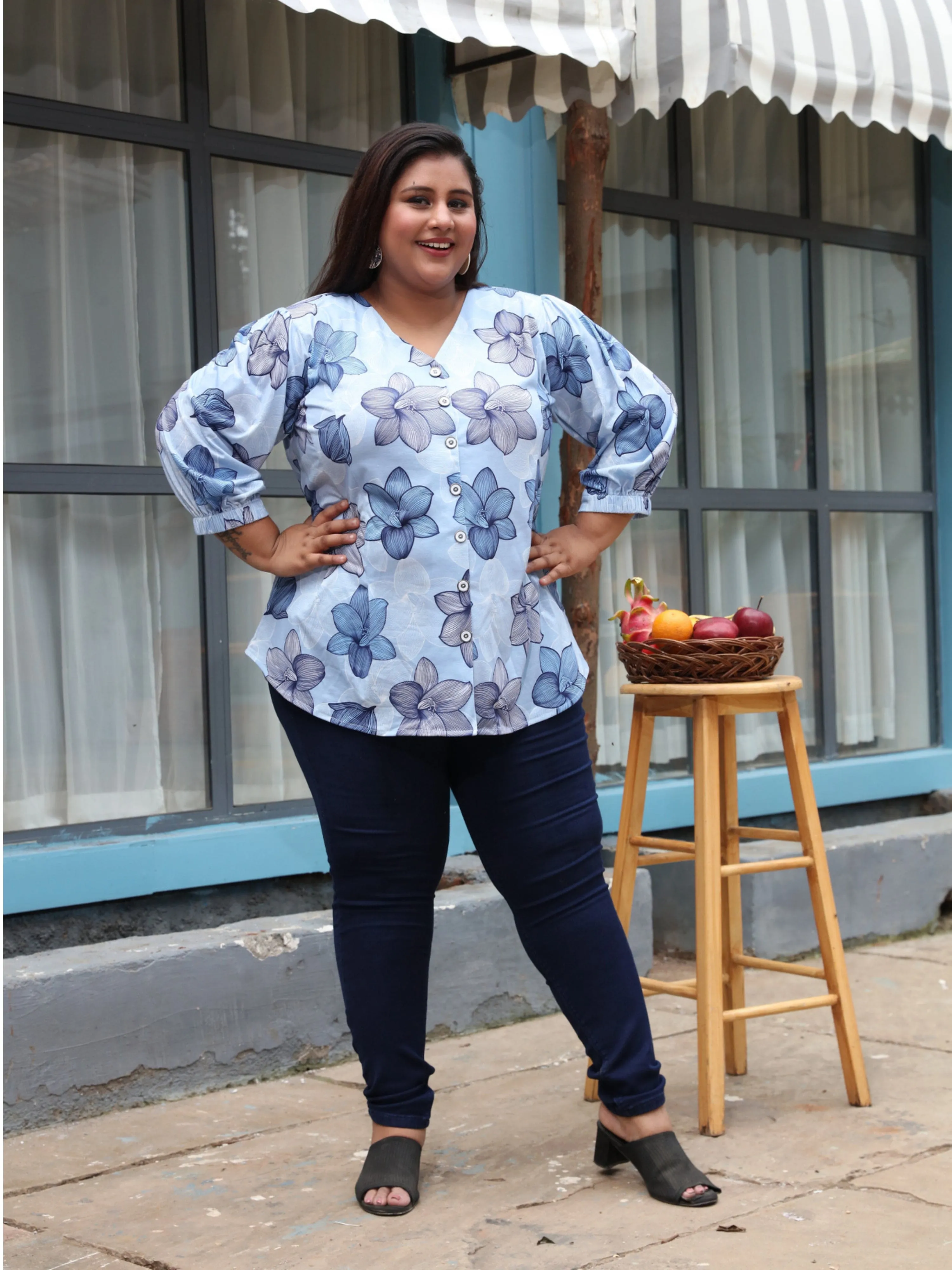 Premium Cotton Blend Top V Neck Blue