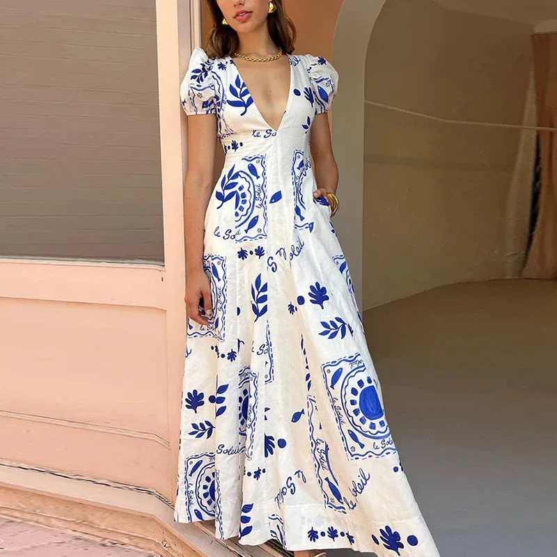 Puff Sleeves Slim Low Cut Deep V High Waist Pattern Printed Summer Elegant Dress