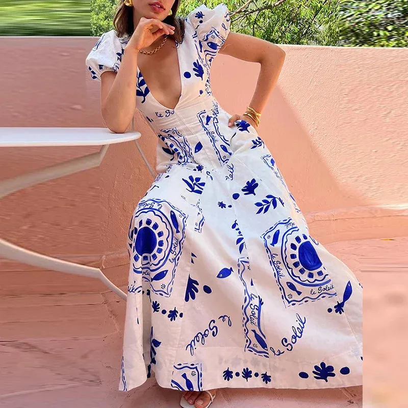 Puff Sleeves Slim Low Cut Deep V High Waist Pattern Printed Summer Elegant Dress