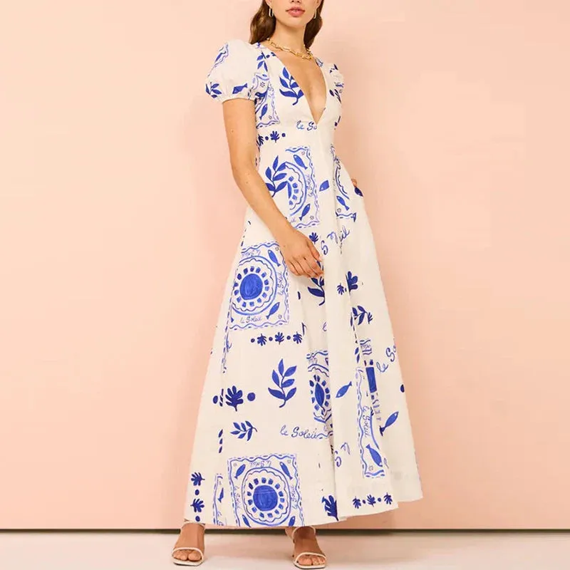 Puff Sleeves Slim Low Cut Deep V High Waist Pattern Printed Summer Elegant Dress