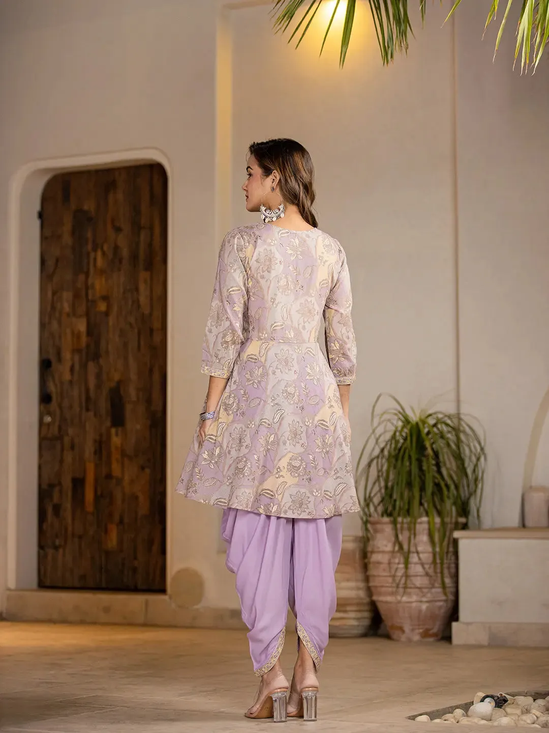 Purple Cotton Floral Print & Embroidered Kurta Dhoti Set with Voile Dupatta