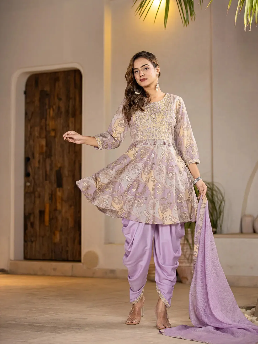 Purple Cotton Floral Print & Embroidered Kurta Dhoti Set with Voile Dupatta