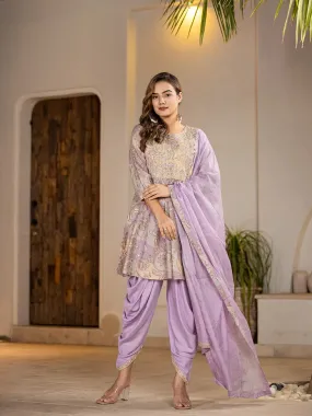 Purple Cotton Floral Print & Embroidered Kurta Dhoti Set with Voile Dupatta