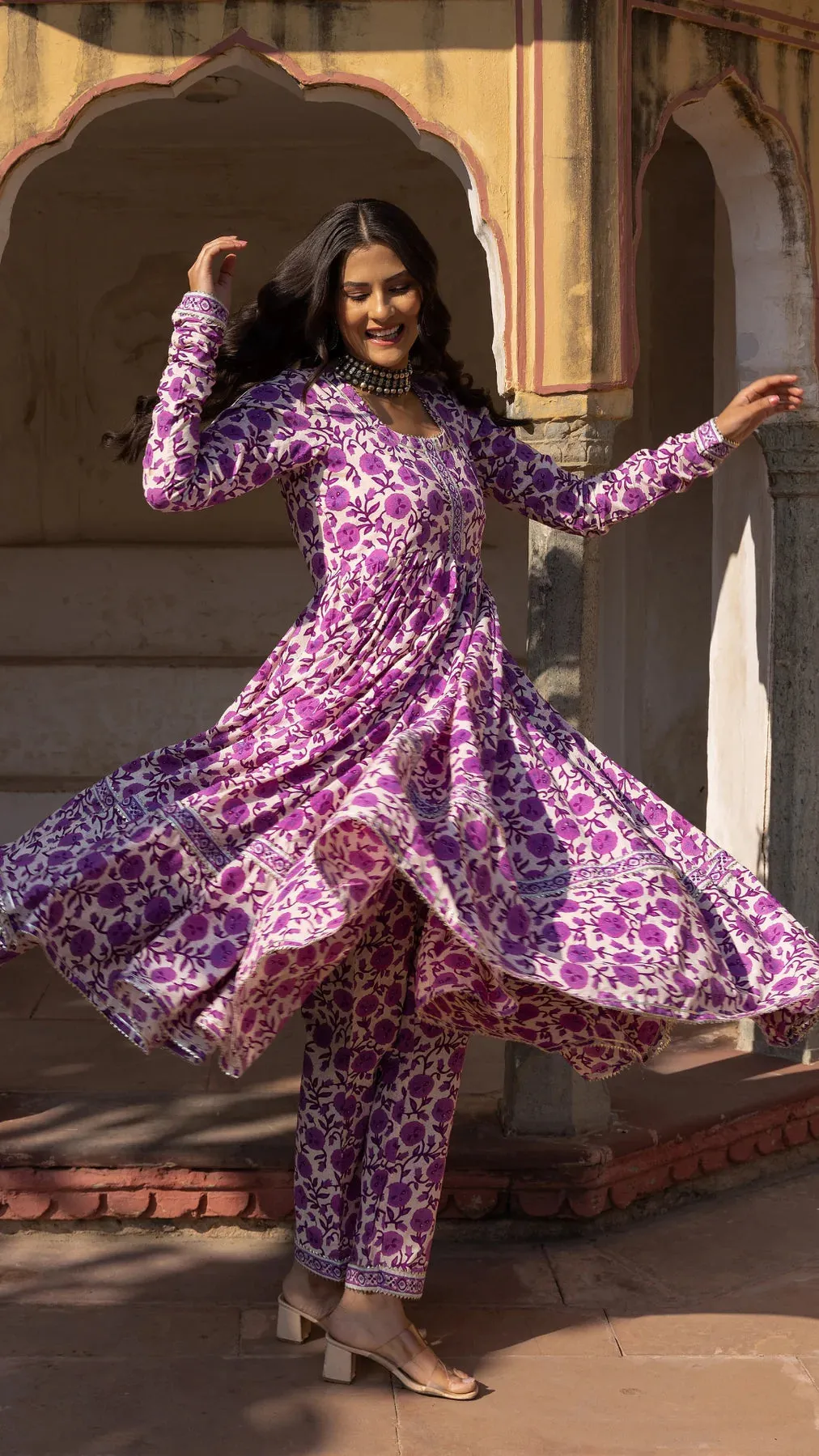 Purple Cotton Printed Anarkali Suit Set with Organza Dupatta