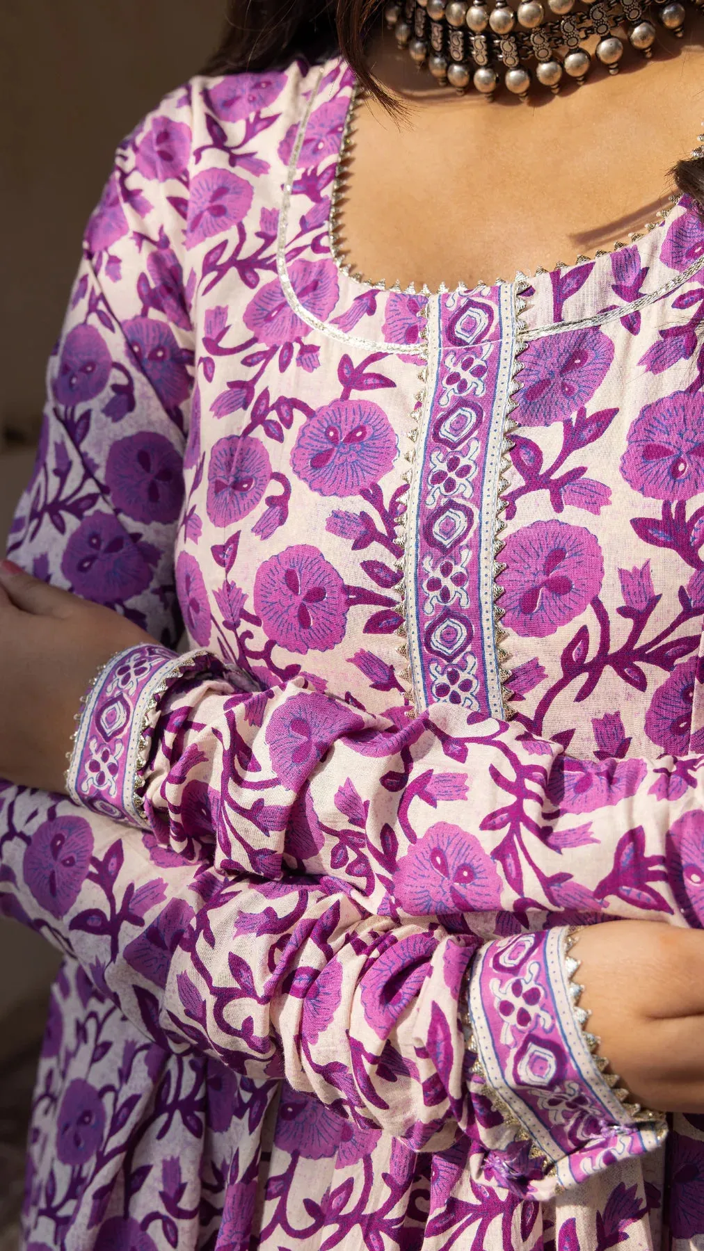 Purple Cotton Printed Anarkali Suit Set with Organza Dupatta