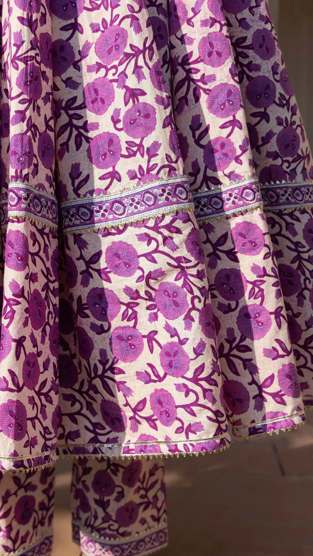 Purple Cotton Printed Anarkali Suit Set with Organza Dupatta