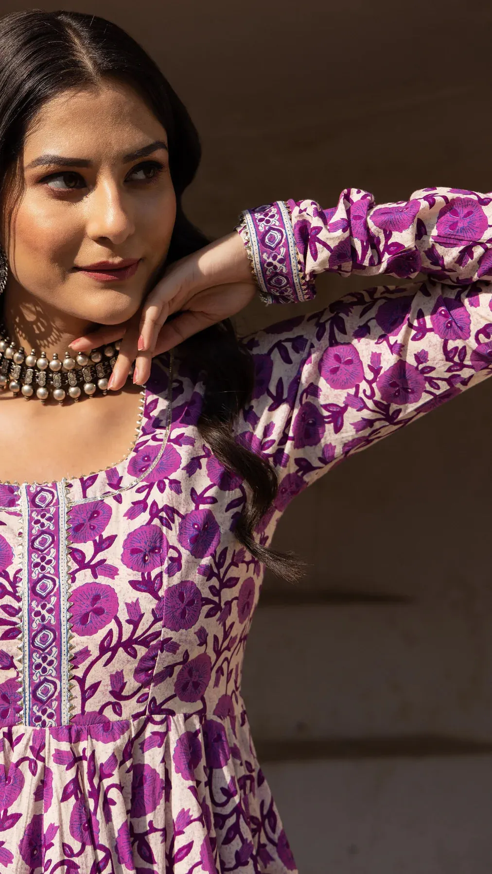 Purple Cotton Printed Anarkali Suit Set with Organza Dupatta