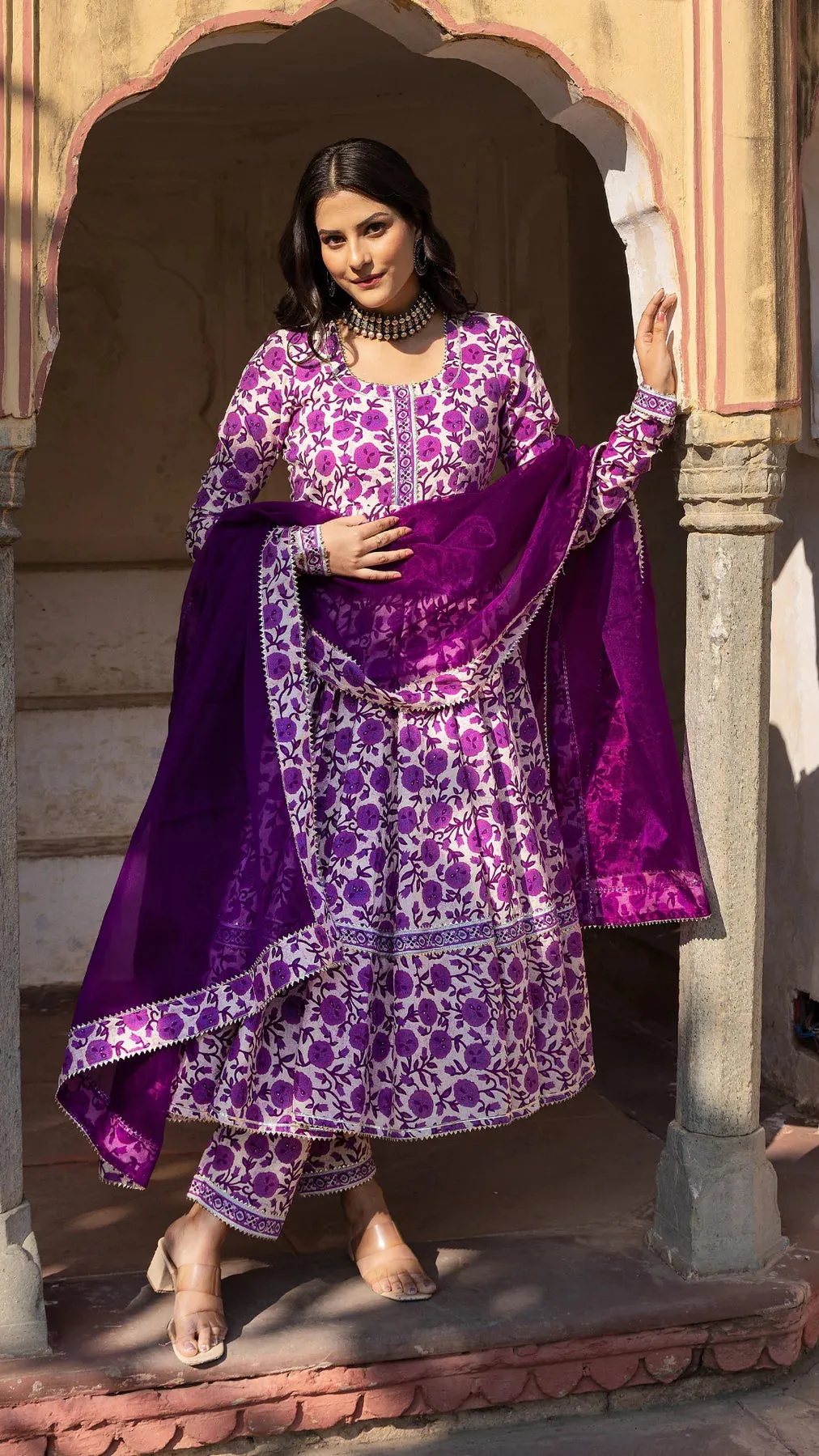 Purple Cotton Printed Anarkali Suit Set with Organza Dupatta