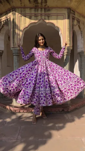 Purple Cotton Printed Anarkali Suit Set with Organza Dupatta