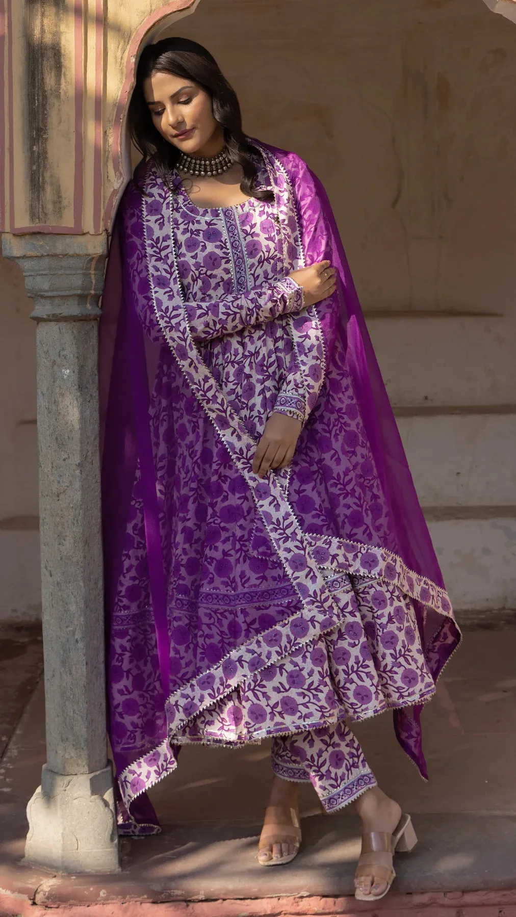 Purple Cotton Printed Anarkali Suit Set with Organza Dupatta