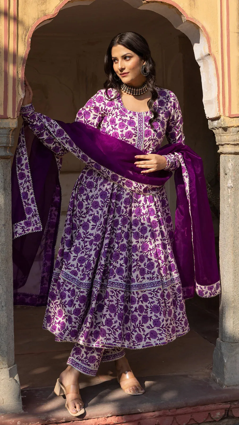 Purple Cotton Printed Anarkali Suit Set with Organza Dupatta