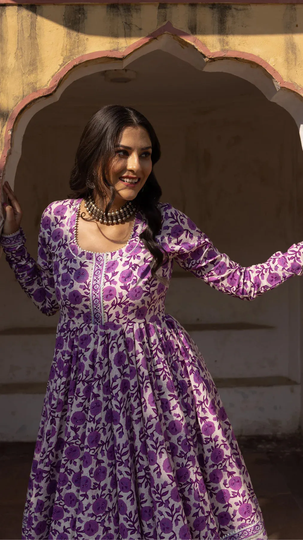 Purple Cotton Printed Anarkali Suit Set with Organza Dupatta