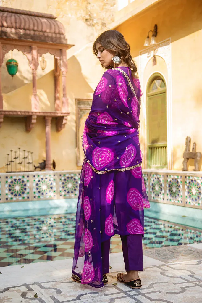 Purple-Pink Georgette Bandhej Print Kurta Palazzo Set