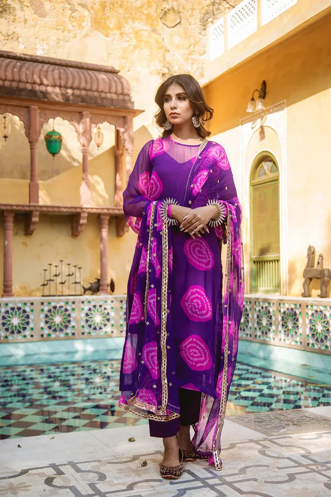 Purple-Pink Georgette Bandhej Print Kurta Palazzo Set