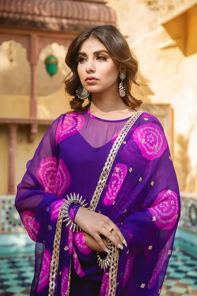 Purple-Pink Georgette Bandhej Print Kurta Palazzo Set