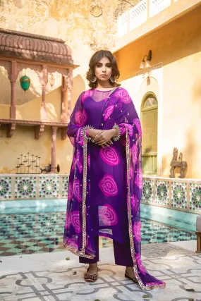 Purple-Pink Georgette Bandhej Print Kurta Palazzo Set