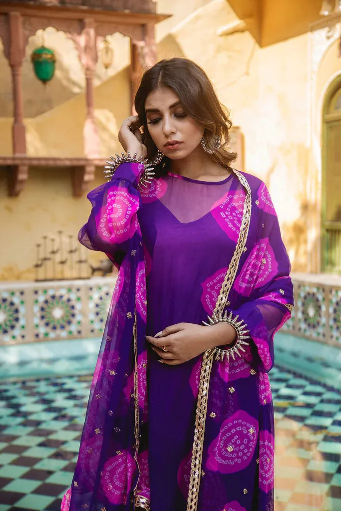 Purple-Pink Georgette Bandhej Print Kurta Palazzo Set