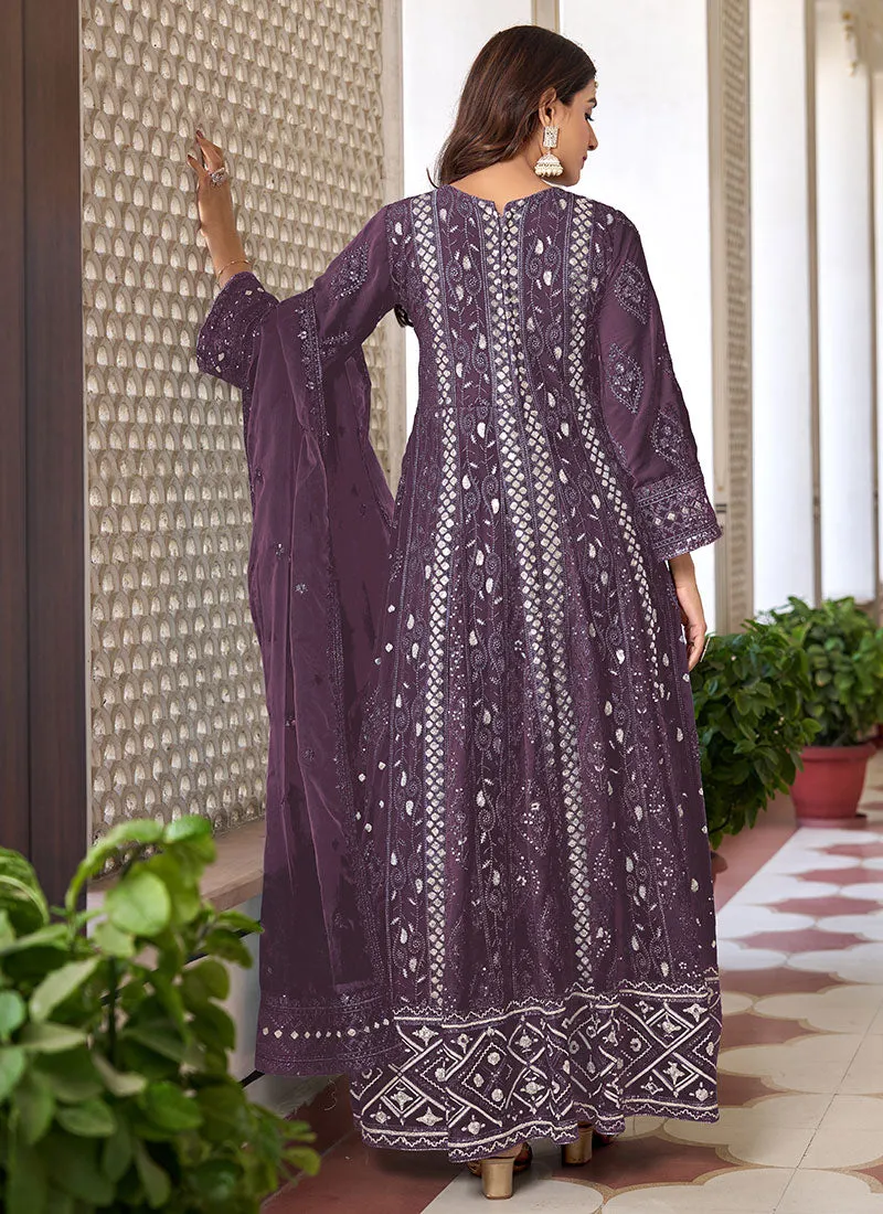 Purple Sequence Embroidery Slit Style Anarkali Pant Suit