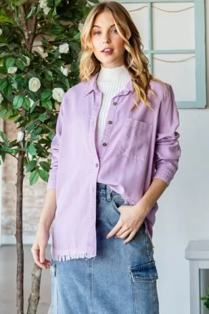 Raw Hem Button Up Long Sleeve Shirt