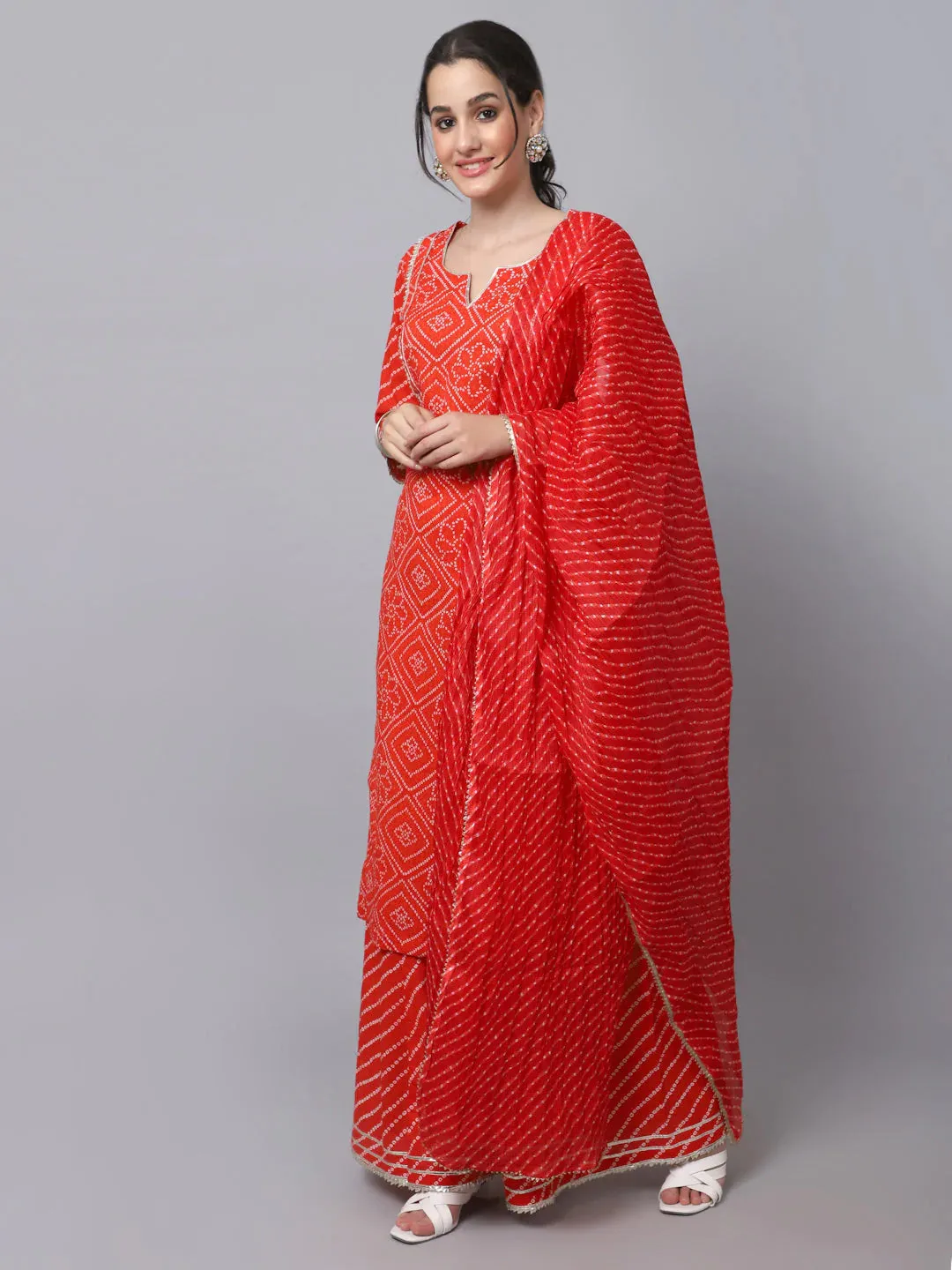 Red Cotton Bandhani Print Suit Set with Kota Dupatta