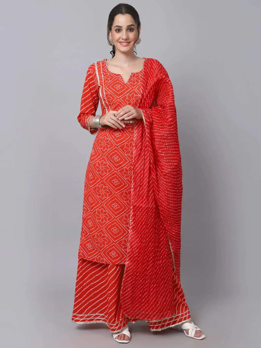 Red Cotton Bandhani Print Suit Set with Kota Dupatta