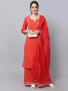 Red Cotton Bandhani Print Suit Set with Kota Dupatta