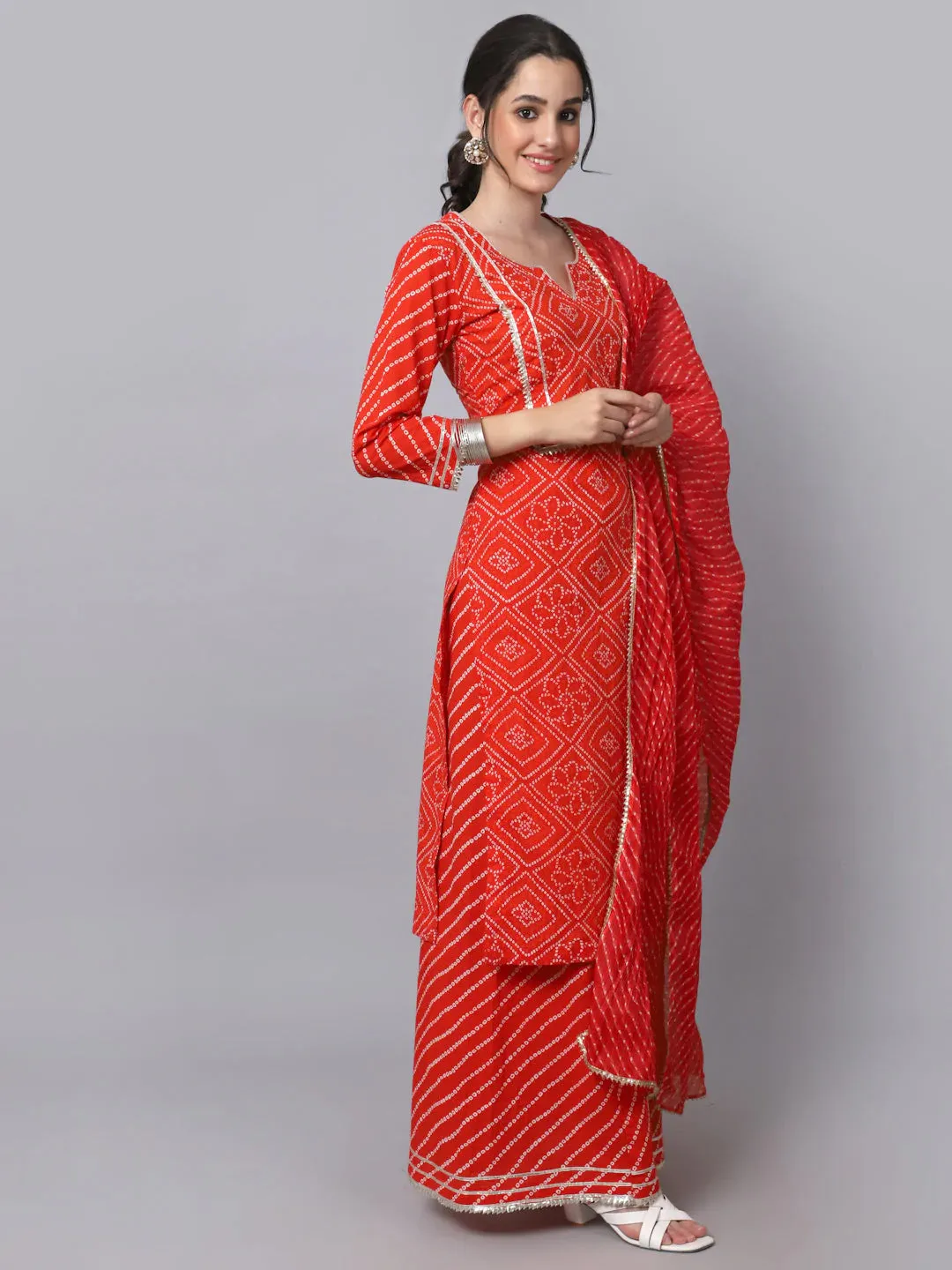 Red Cotton Bandhani Print Suit Set with Kota Dupatta