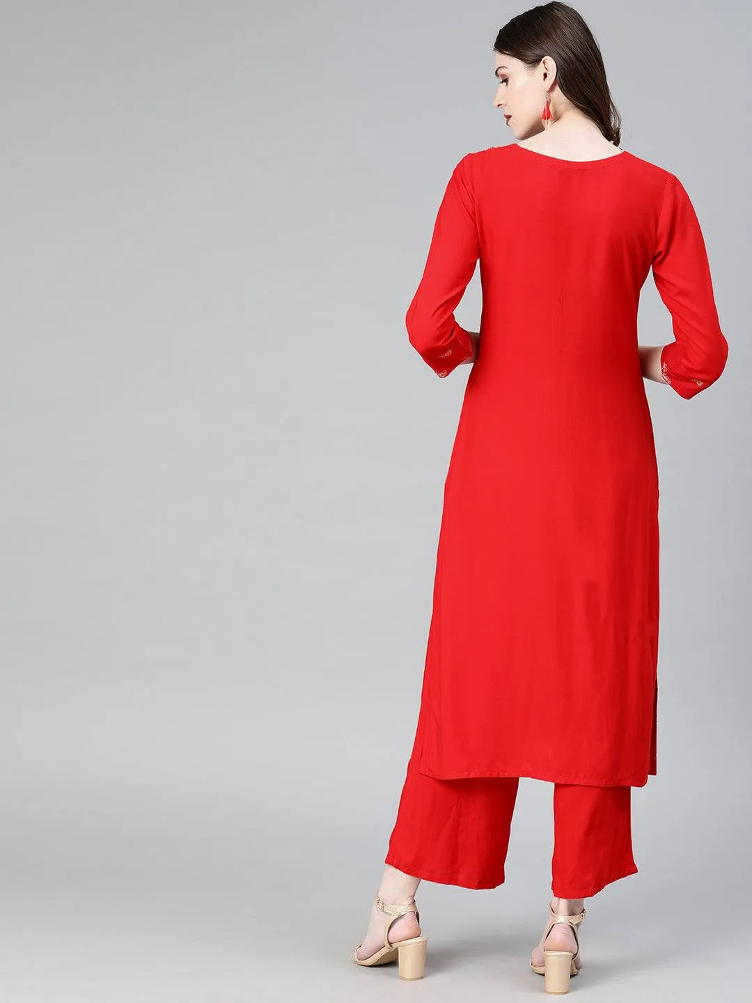 Red Printed Kurta Palazzo Set