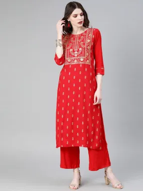 Red Printed Kurta Palazzo Set