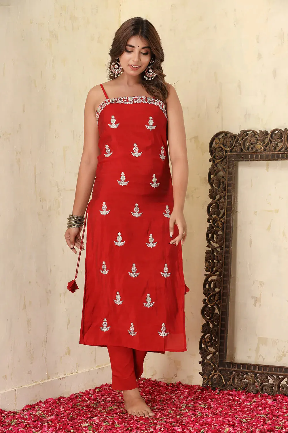 Red Silk Embroidered Sleeveless Suit Set with Dupatta