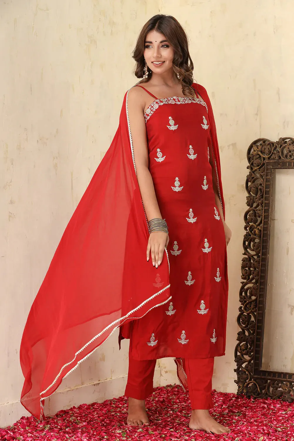 Red Silk Embroidered Sleeveless Suit Set with Dupatta