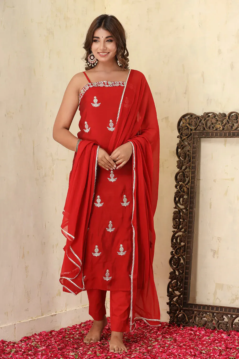 Red Silk Embroidered Sleeveless Suit Set with Dupatta