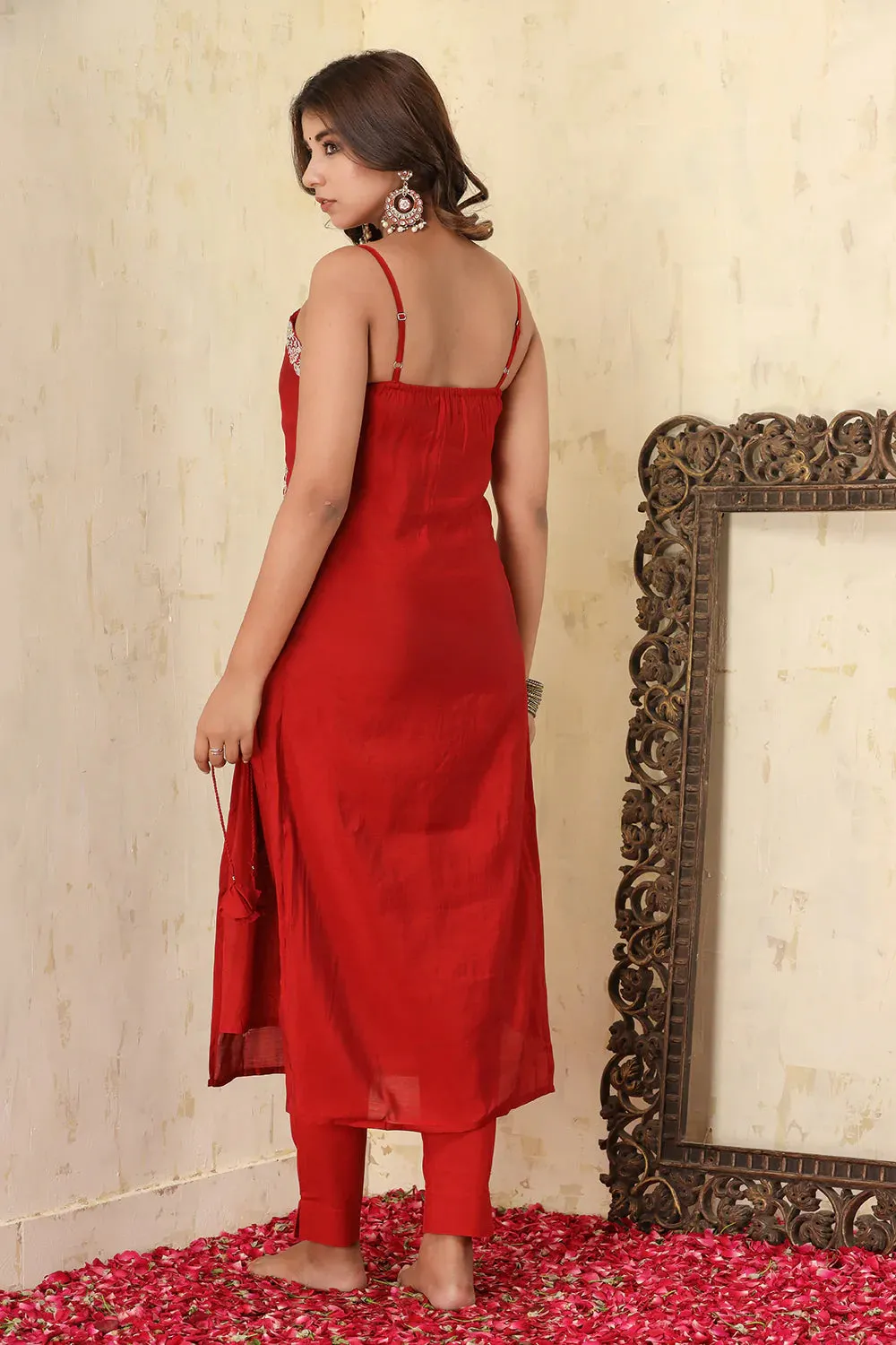 Red Silk Embroidered Sleeveless Suit Set with Dupatta