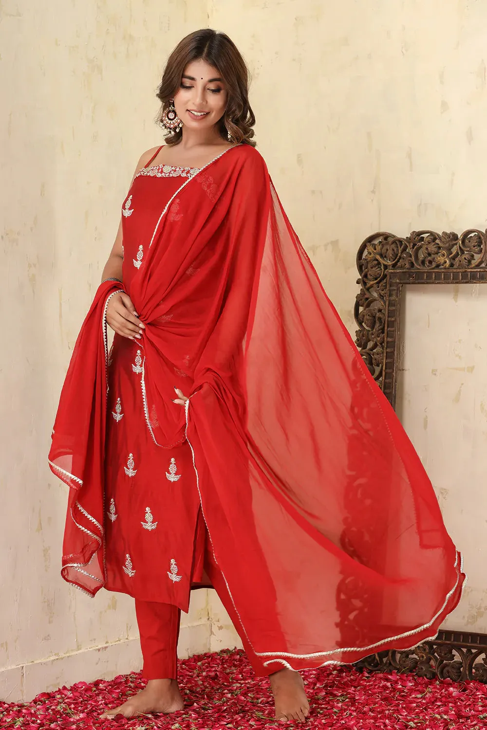 Red Silk Embroidered Sleeveless Suit Set with Dupatta