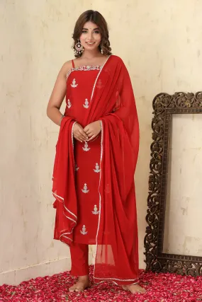 Red Silk Embroidered Sleeveless Suit Set with Dupatta