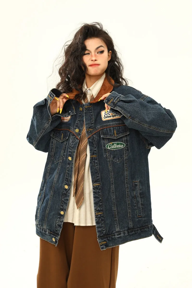 Retro Biker Denim Jacket Unisex Lapel