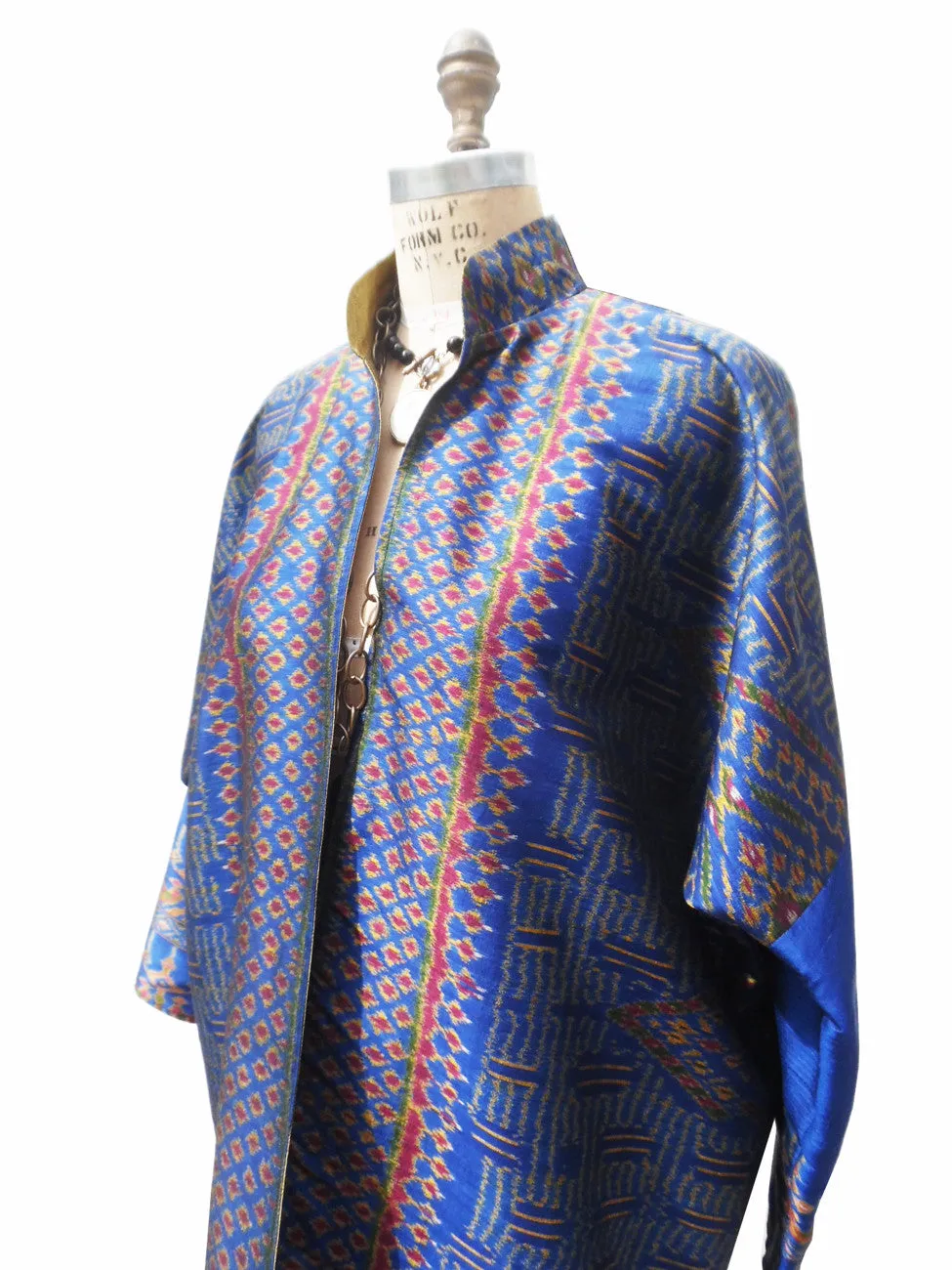 Reversible Silk Ikat Cocktail Coat Gold Royal Blue