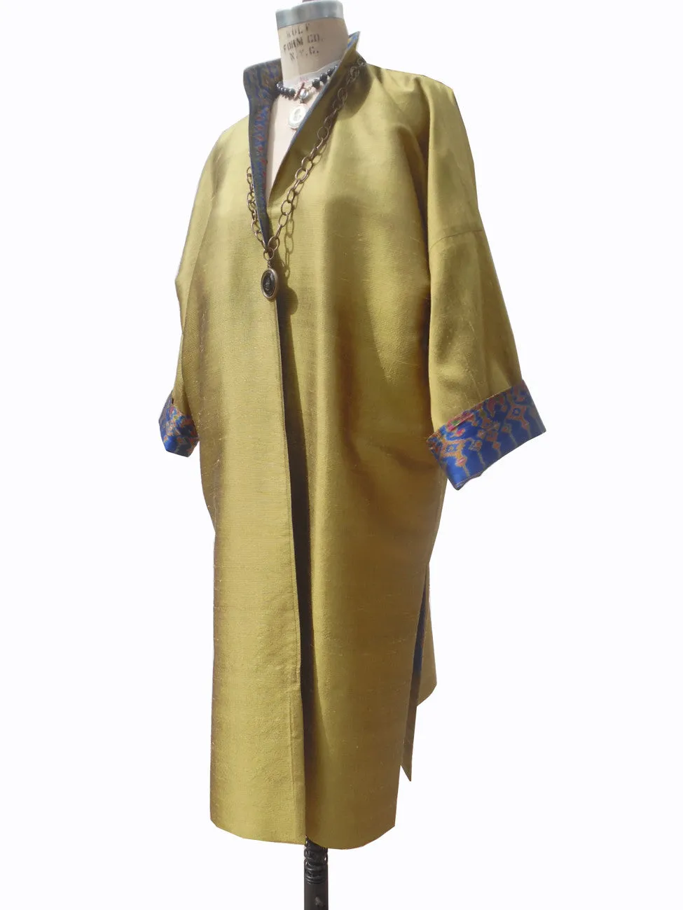 Reversible Silk Ikat Cocktail Coat Gold Royal Blue