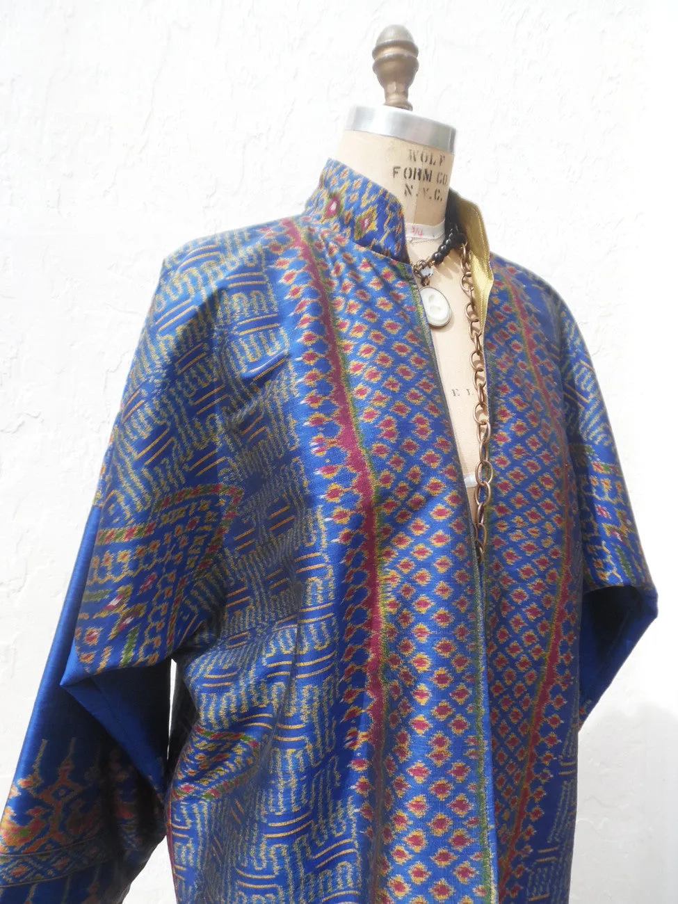 Reversible Silk Ikat Cocktail Coat Gold Royal Blue